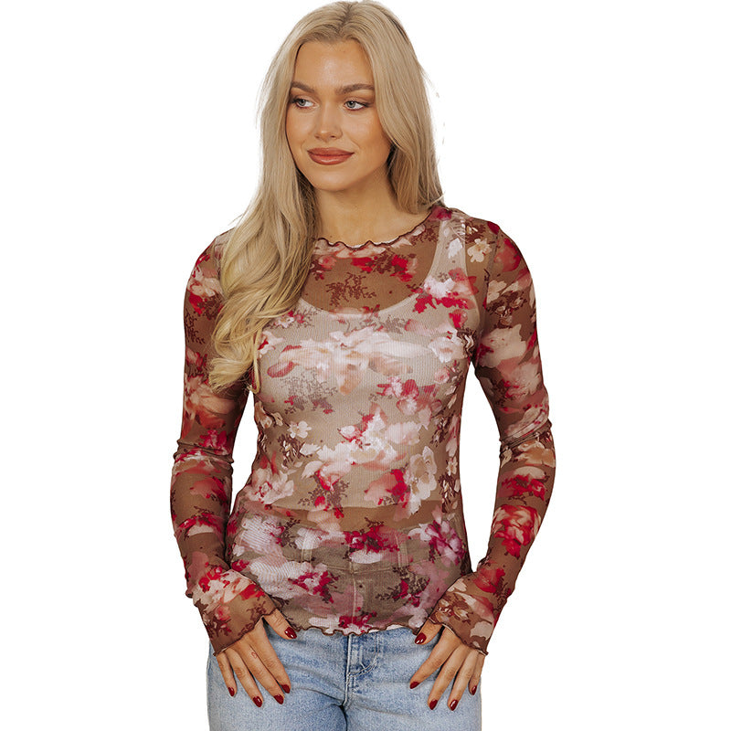Women's Fashion Mesh Patchwork Long-sleeved Top