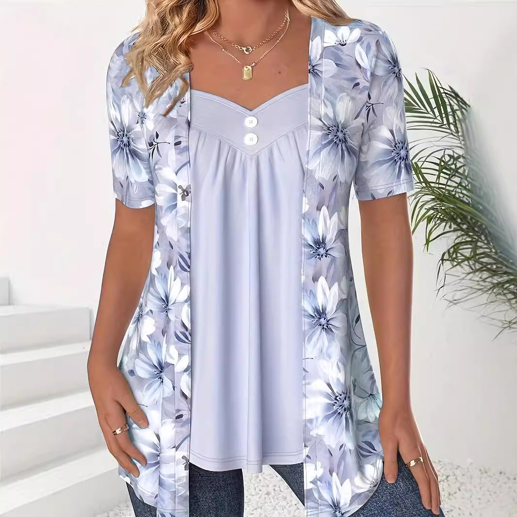 Fake Two Pieces Short Sleeve Printed Fashion Button Top