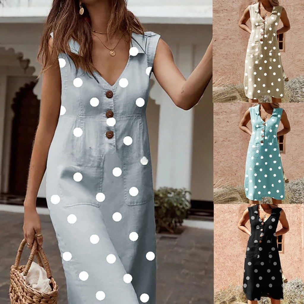 Women's Casual Polka Dot Print Button Lapel Dress