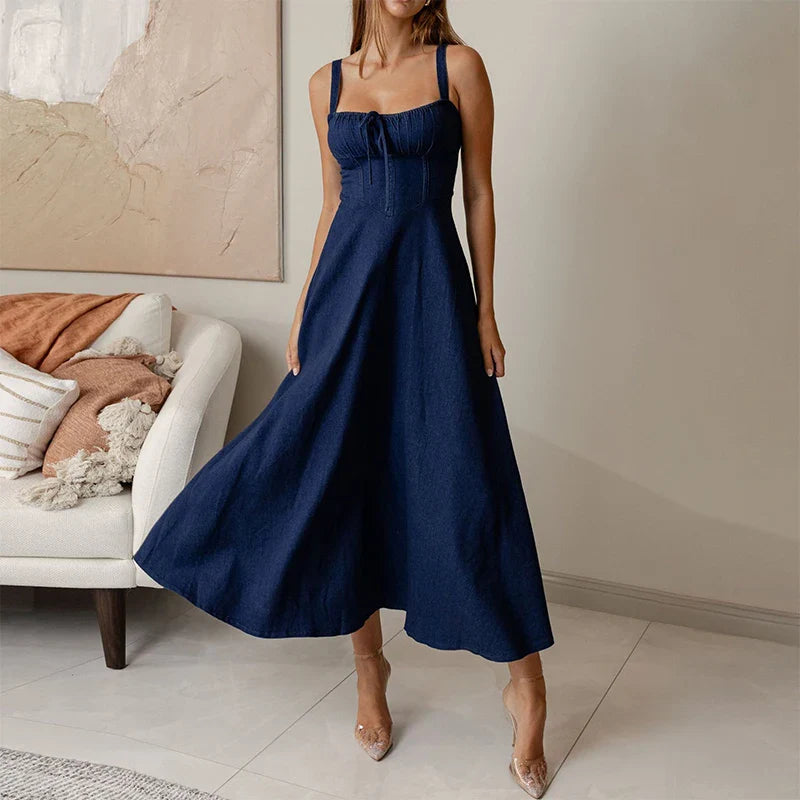 Summer New Women's Backless Denim Wrap Dress Off Shoulder Cowgirl Long Dresses With Tie Waist Ruffles Casual Daily Clothing