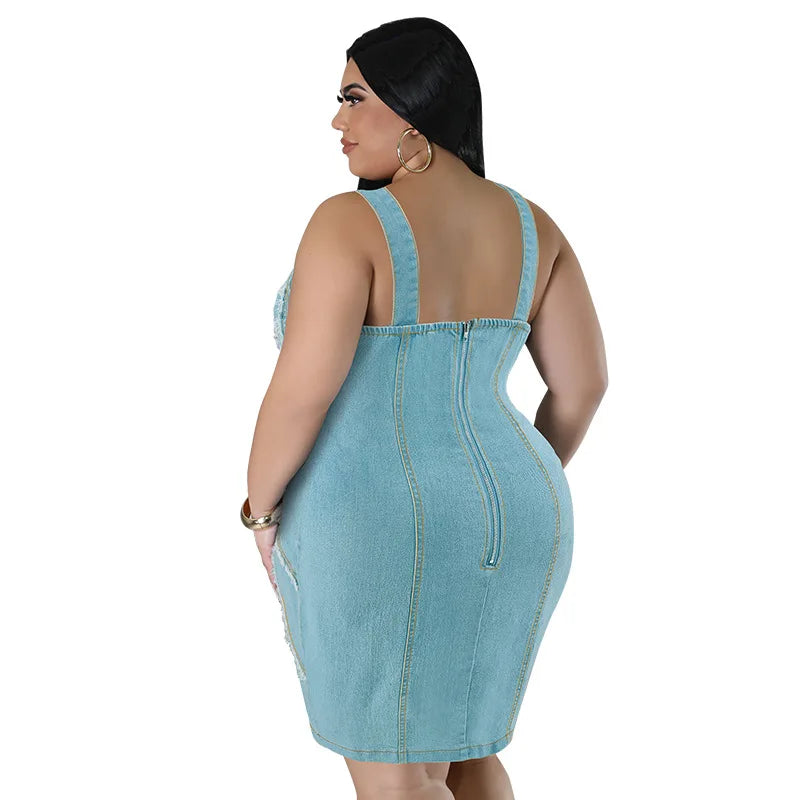 Europe and America Street Trend Women's Plus Size Denim Halter Dress, Summer New Fringe Sleeveless Slim-fit Short Denim Dresses