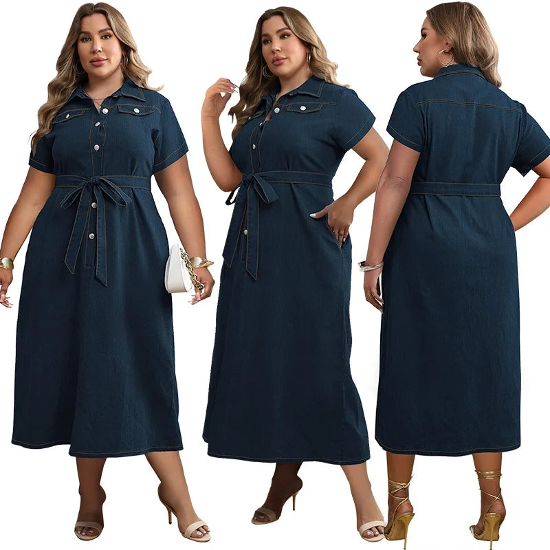 Women's Plus-size Denim Short-sleeved Dress, New Spring and Summer Fresh Sweet Style Lapel Anterior Thoracotomy Dress with Belt