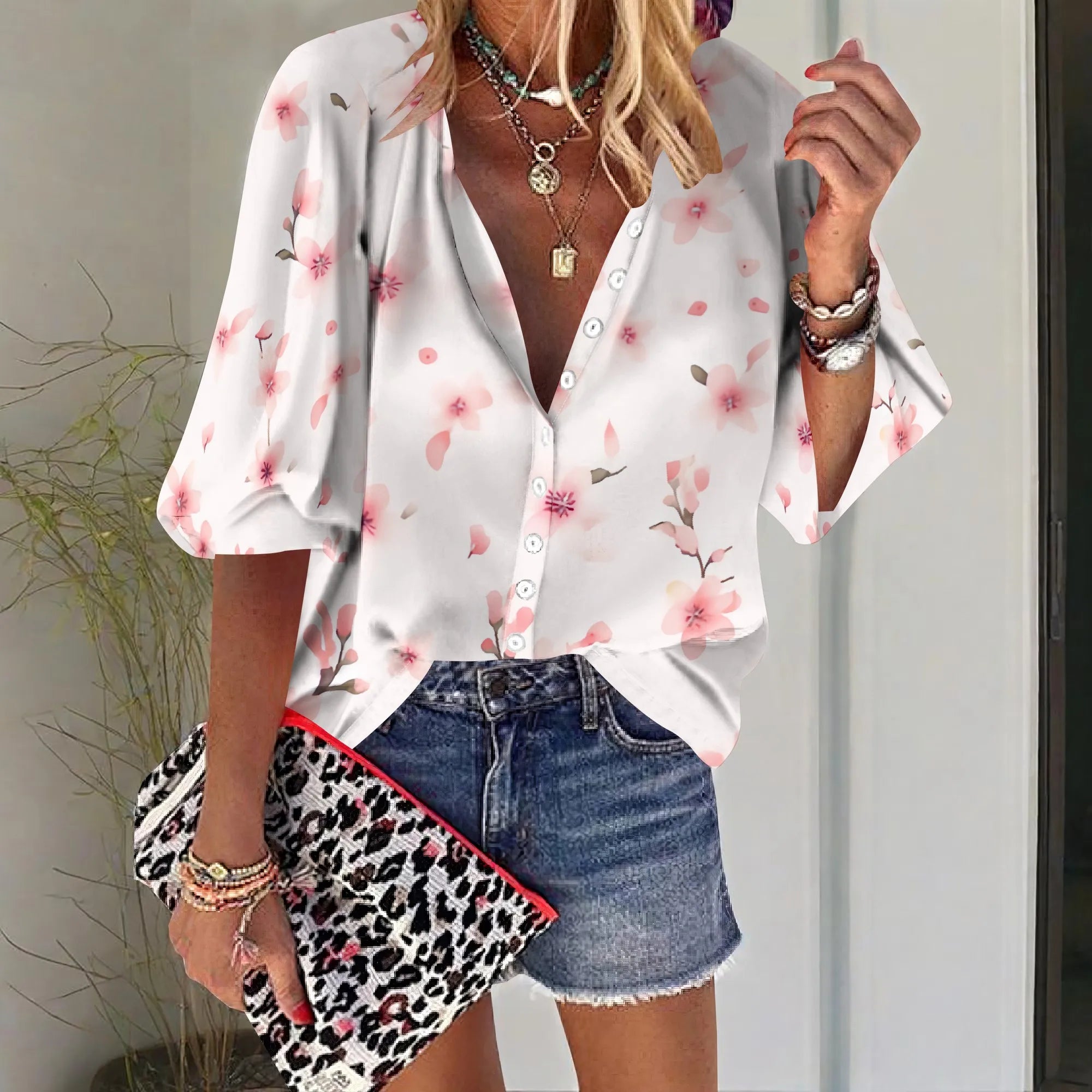 Womens Summer Petite Pink Flower Graphics Blouse Casual Short Sleeve V Neck Shirt Loose Printed Cuffed Sleeve Flower Tops