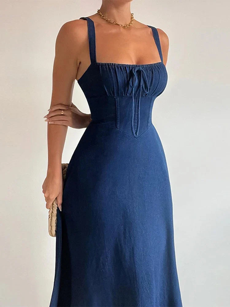 Summer New Women's Backless Denim Wrap Dress Off Shoulder Cowgirl Long Dresses With Tie Waist Ruffles Casual Daily Clothing