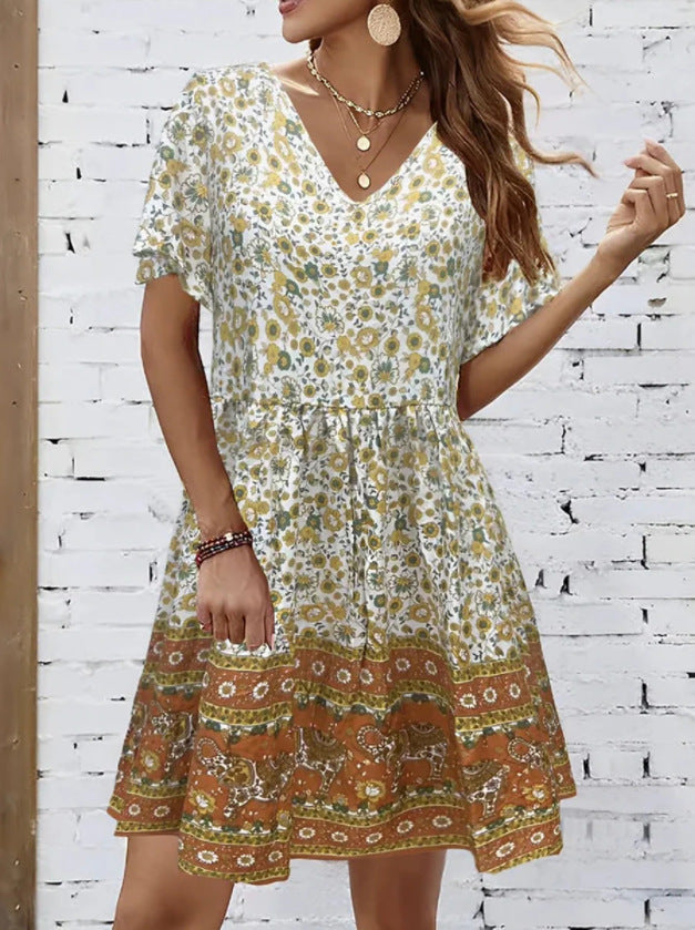 Summer V-neck Short-sleeved Printed Dress For Sleeping