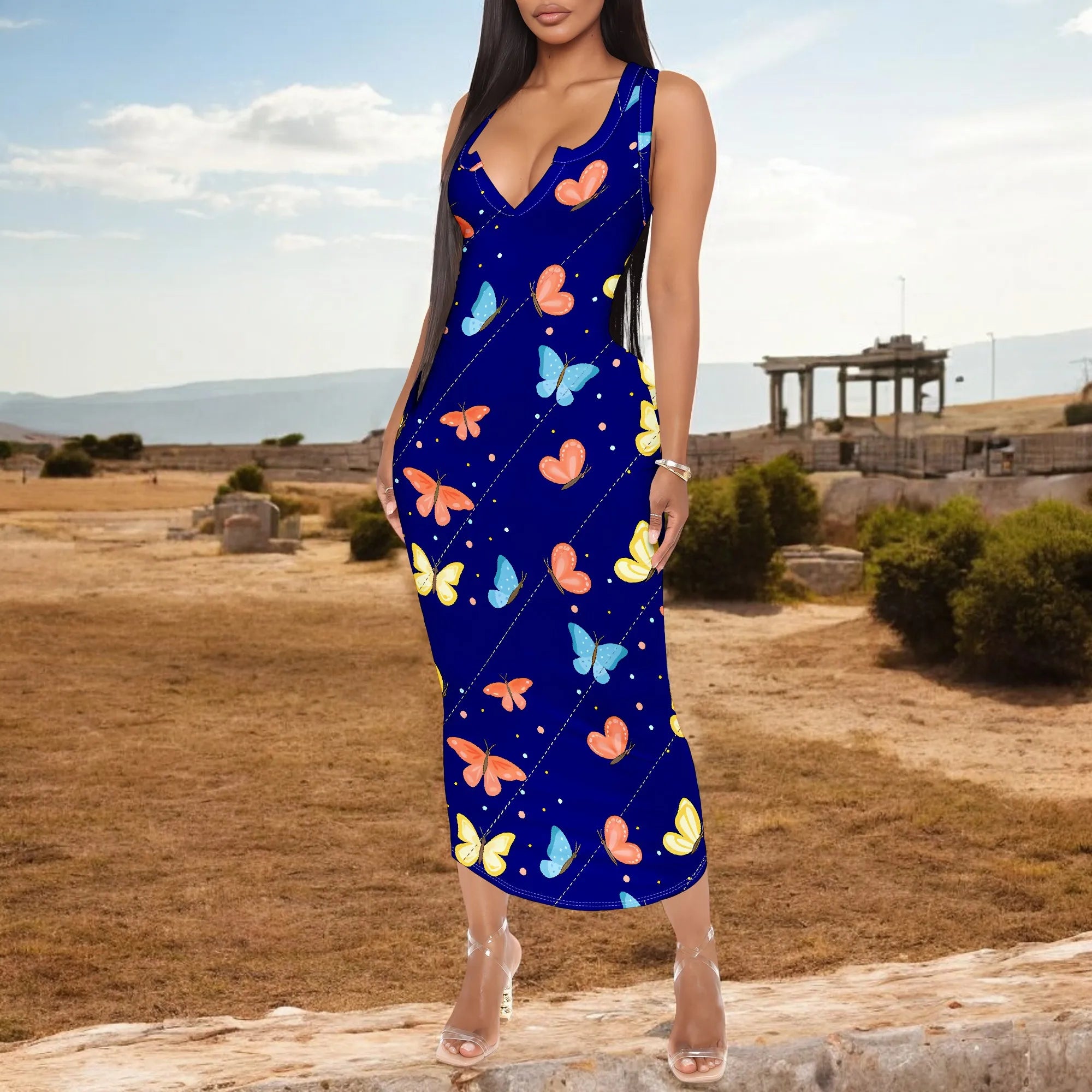 Women's 2025 spring and summer sleeveless knee length dress with hollowed out pullover, butterfly print beach casual dress