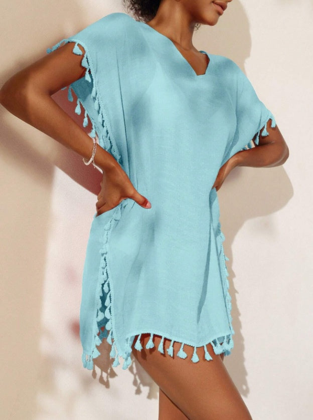 Summer Women's Solid Color Tassel Short Sleeve Top