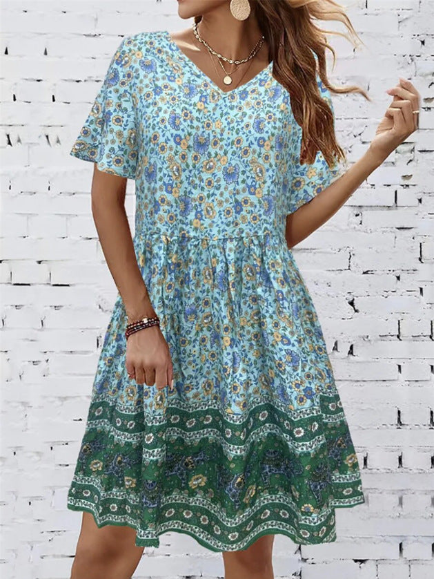 Summer V-neck Short-sleeved Printed Dress For Sleeping