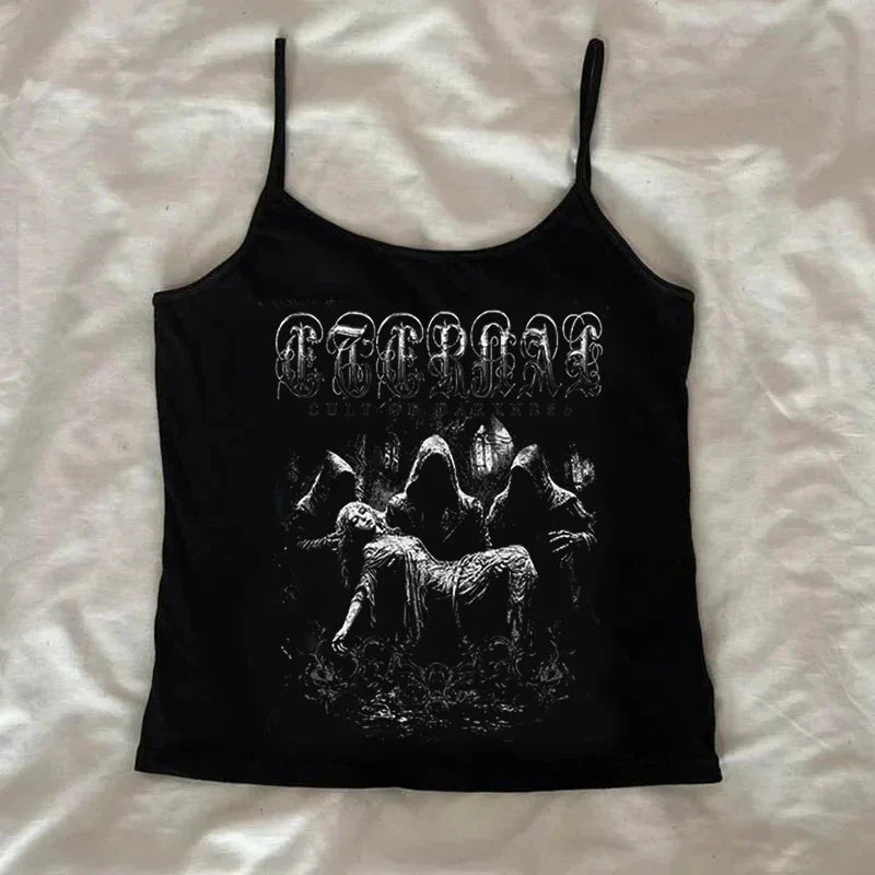 2025 Summer New Retro Dark Wind Printed Short Sleeve Comfortable and Breathable Men's and Women's Same T-shirt Tank Top