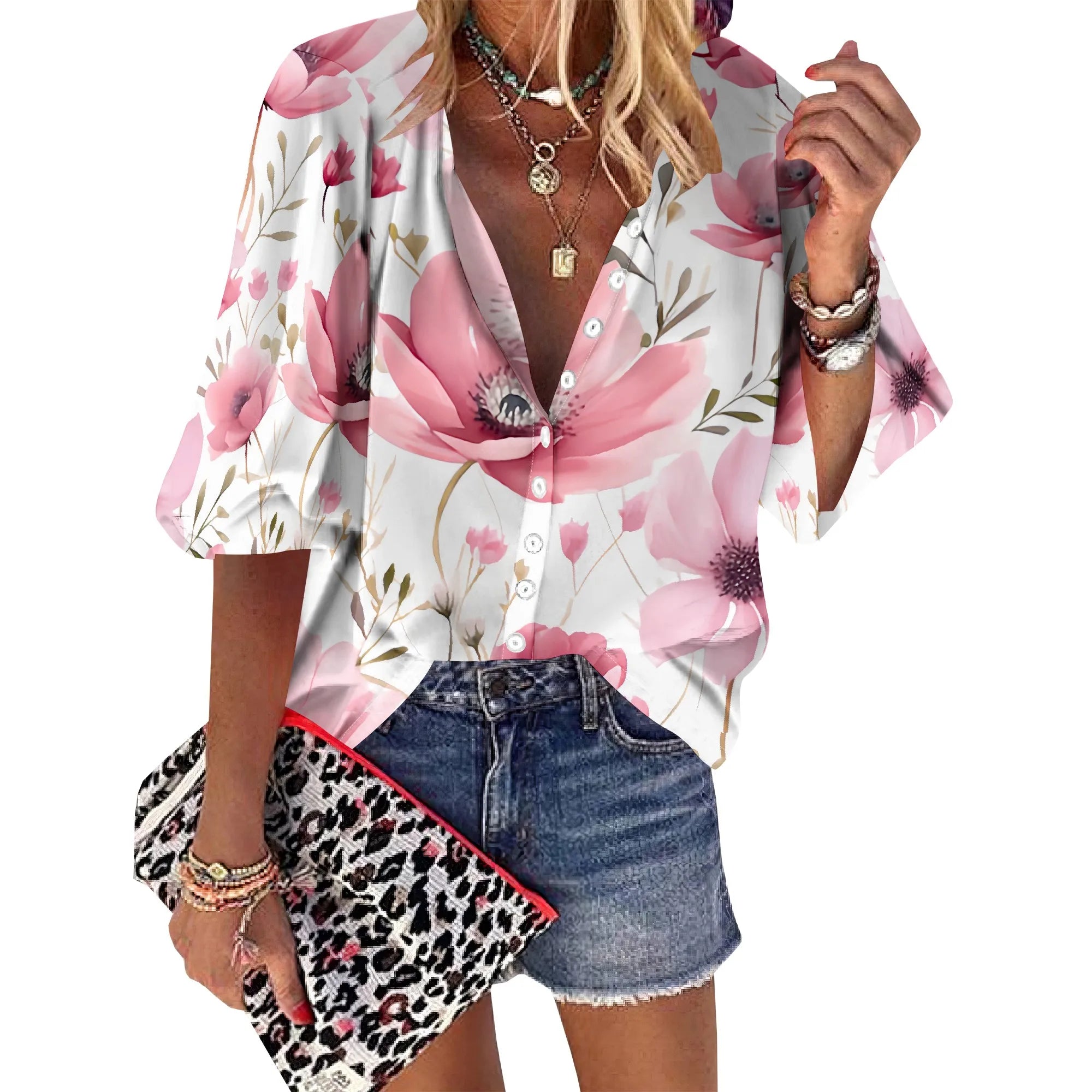 Watercolor Floral Pattern Shirts for Women Button Down Shirt Short Sleeve Loose Fit Blouse Collared Casual Work Tops