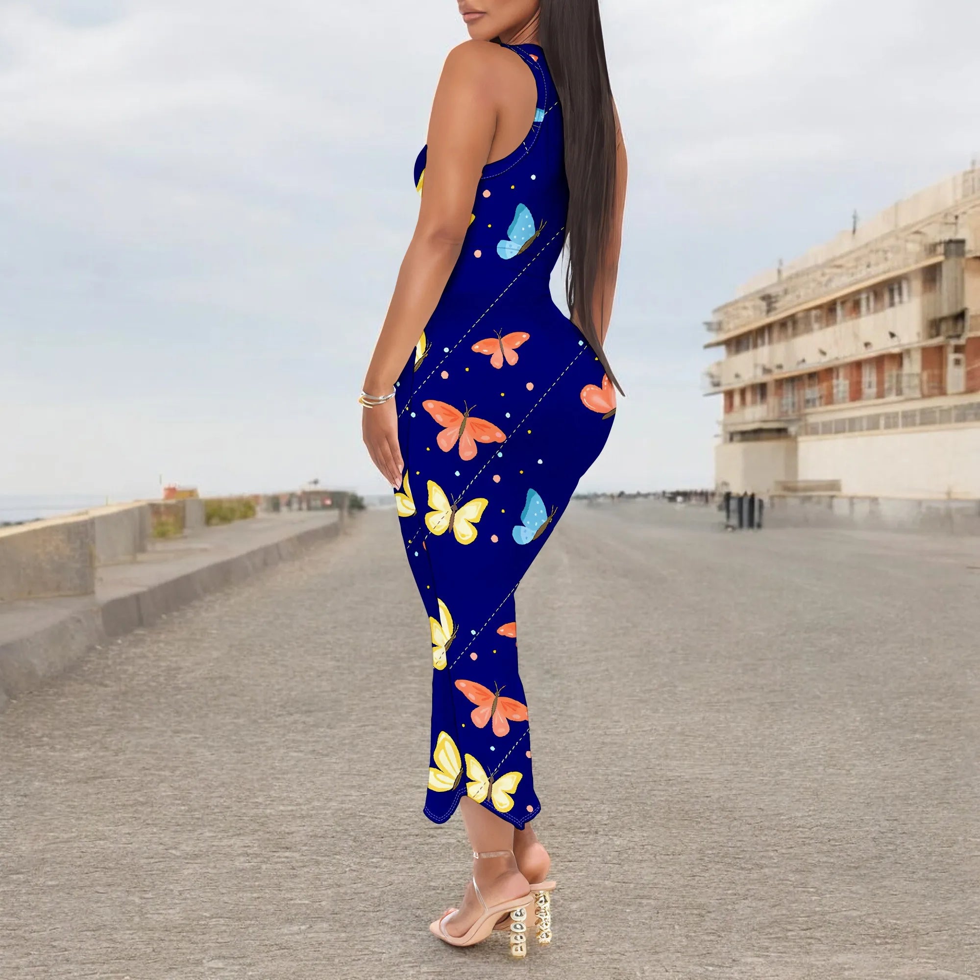 Women's 2025 spring and summer sleeveless knee length dress with hollowed out pullover, butterfly print beach casual dress