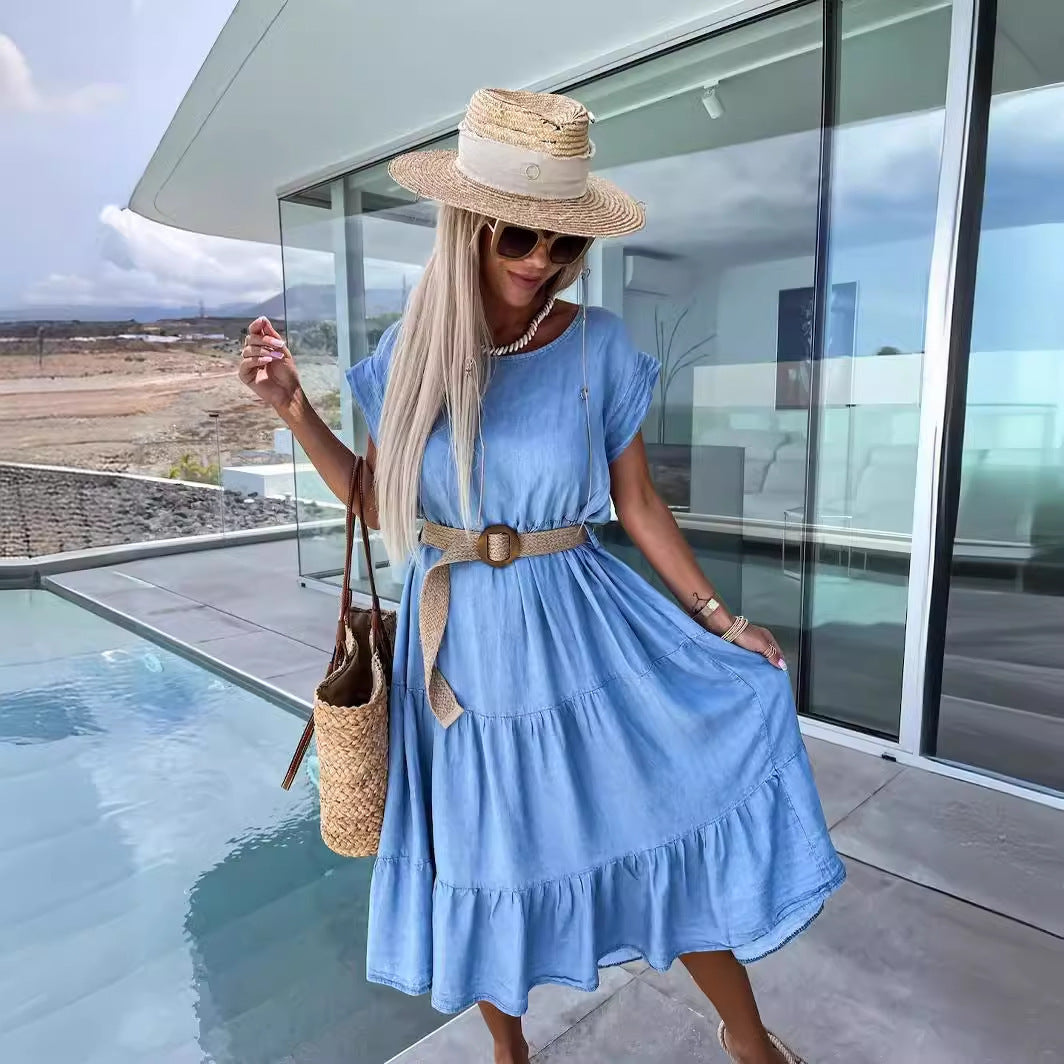 Women's Cotton Solid Color Multi-layer Hem Loose A- Line Dress