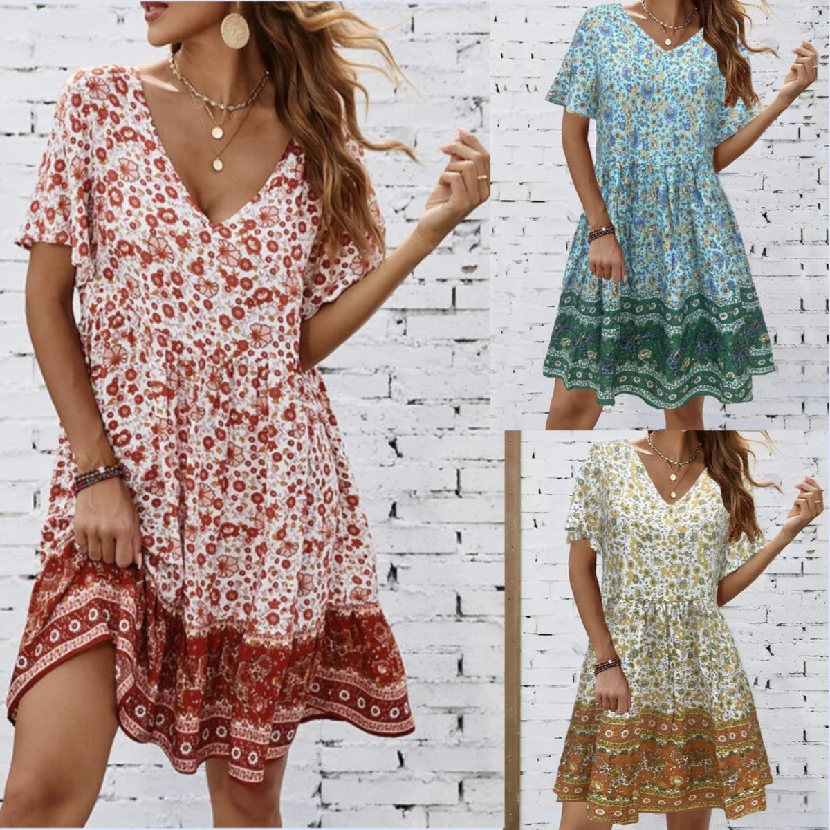 Summer V-neck Short-sleeved Printed Dress For Sleeping