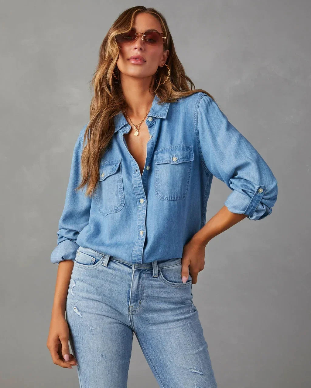 CPSYMYM Women Casual Western Denim Shirt Solid Turn Down Single Breasted Long Sleeve Shirt Oversized Shirts Blusas Para Mujer