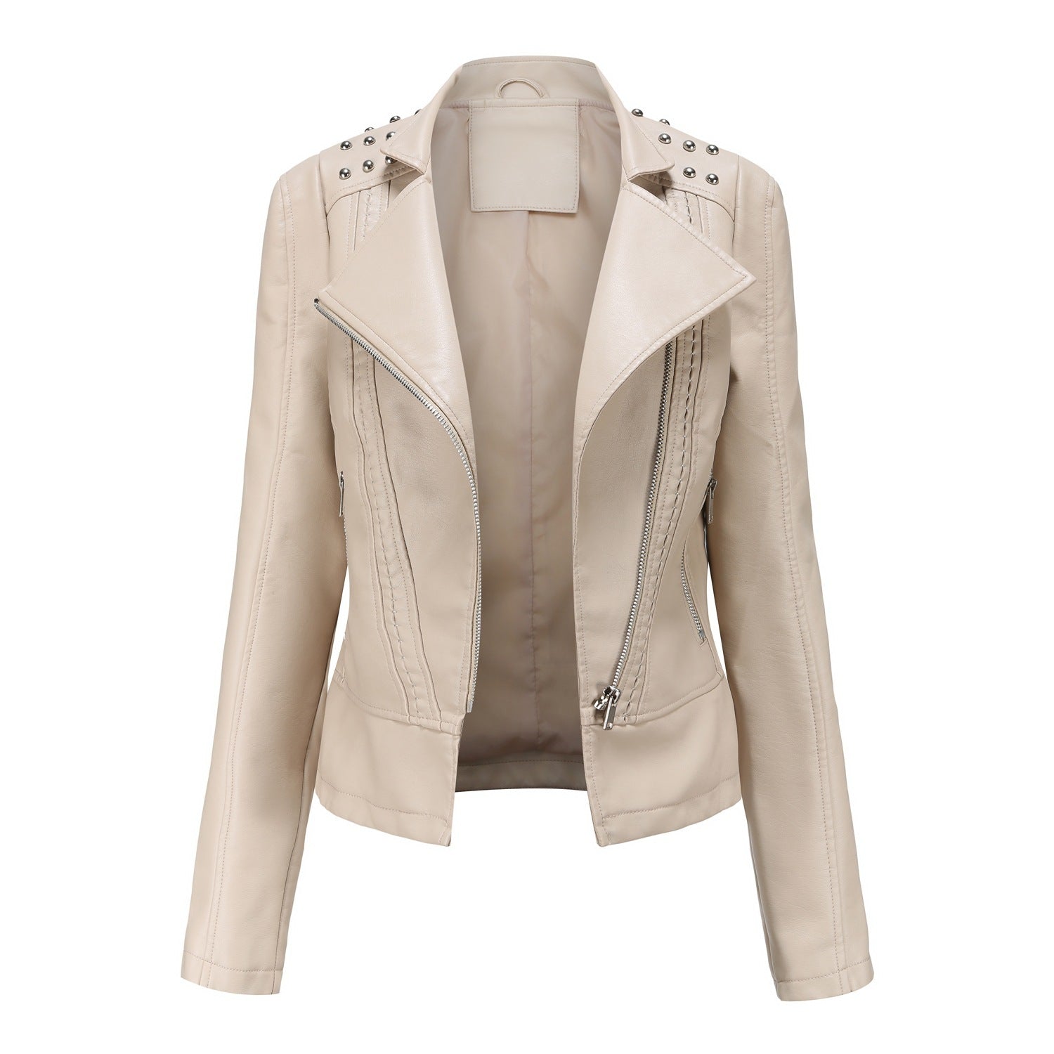 Beaded Leather Women's Long-sleeved Fashion Jacket Lapel Motorcycle Clothing Thin Women's Jacket