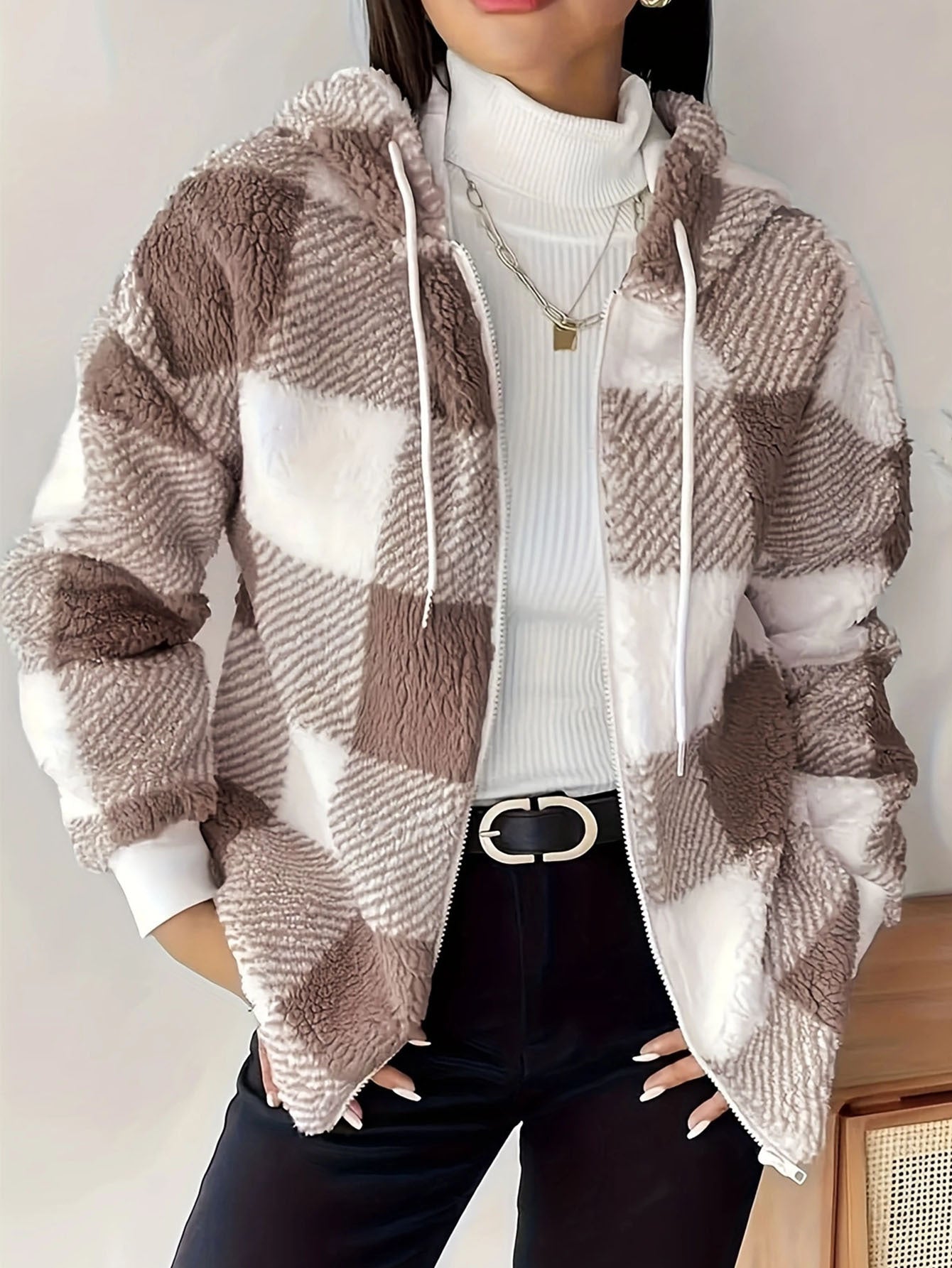 Elegant Plaid Loose Casual Long Sleeves Hooded