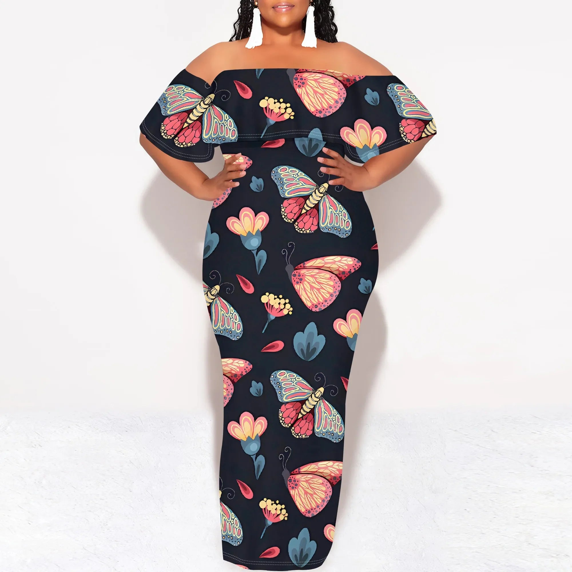 Women's Fashion 2025 Spring/Summer New Customized Casual Loose Swing Collar Printed Butterfly Beach Dress