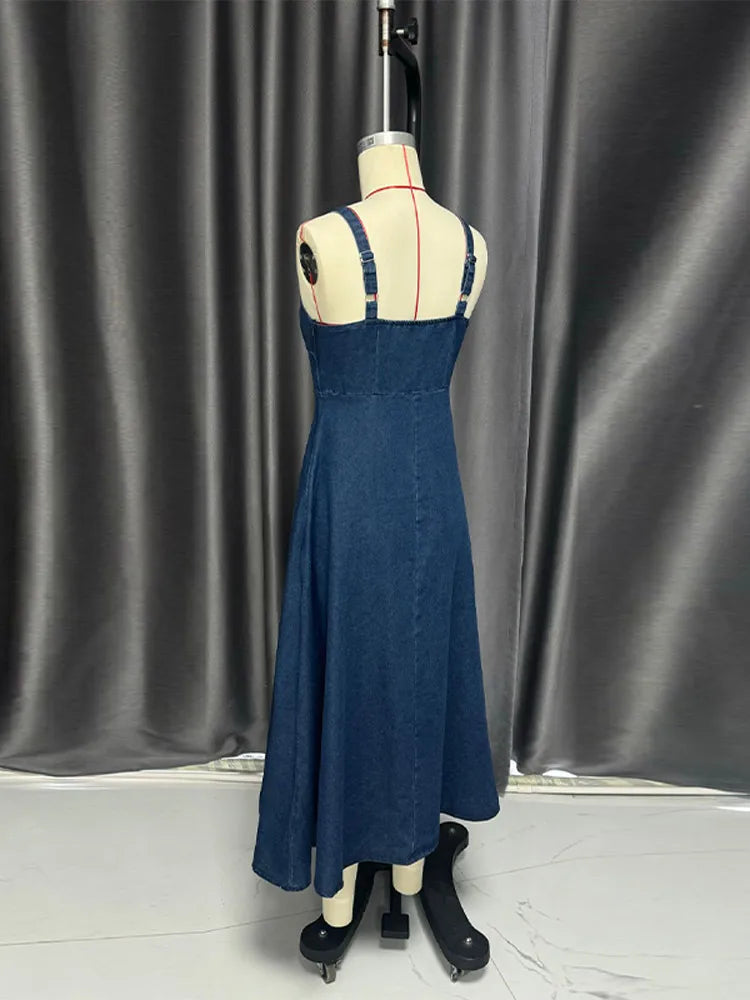 Summer New Women's Backless Denim Wrap Dress Off Shoulder Cowgirl Long Dresses With Tie Waist Ruffles Casual Daily Clothing