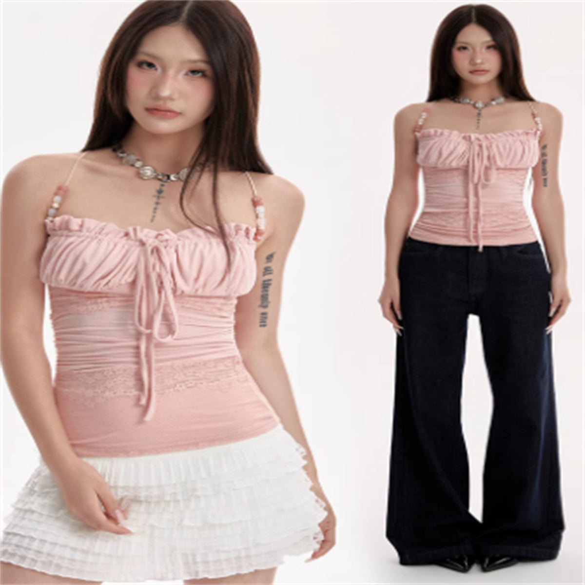 Women's Pink Beaded Shoulder Strap Camisole