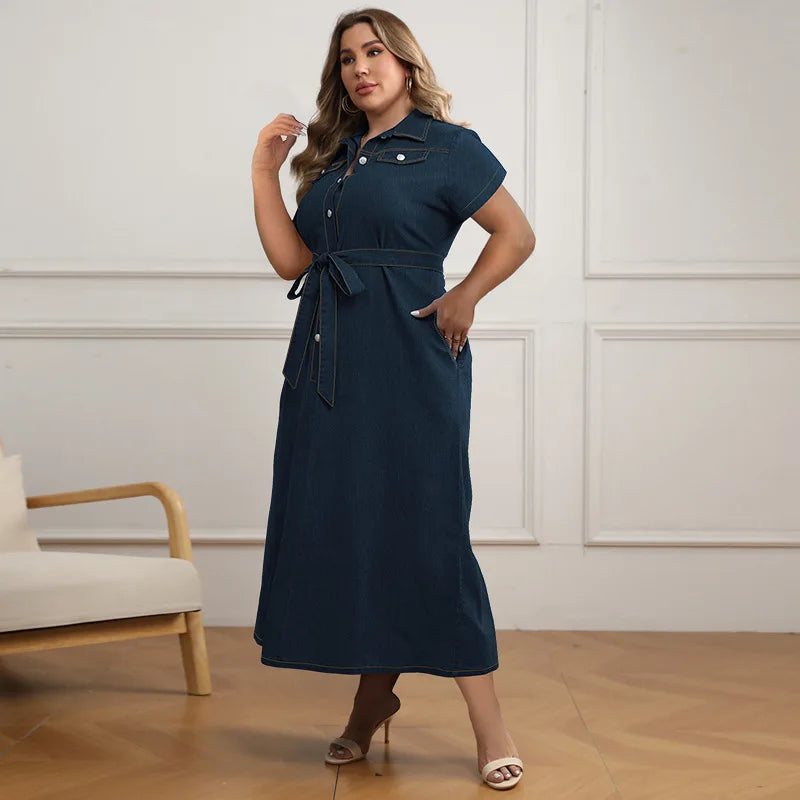 Women's Plus-size Denim Short-sleeved Dress, New Spring and Summer Fresh Sweet Style Lapel Anterior Thoracotomy Dress with Belt