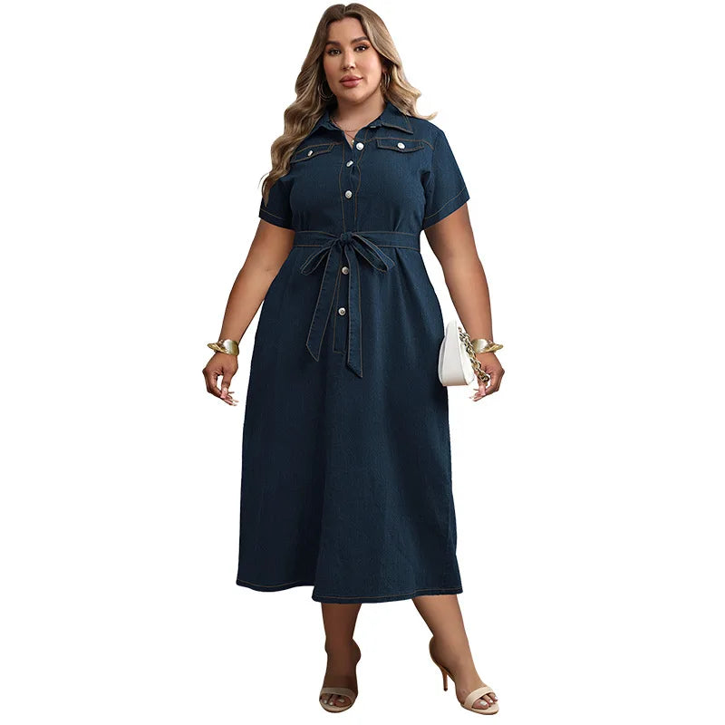 Women's Plus-size Denim Short-sleeved Dress, New Spring and Summer Fresh Sweet Style Lapel Anterior Thoracotomy Dress with Belt
