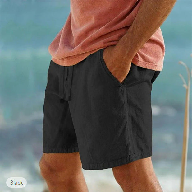 Cotton Linen Drawstring Elastic Waist Solid Color Breathable Bermuda Shorts