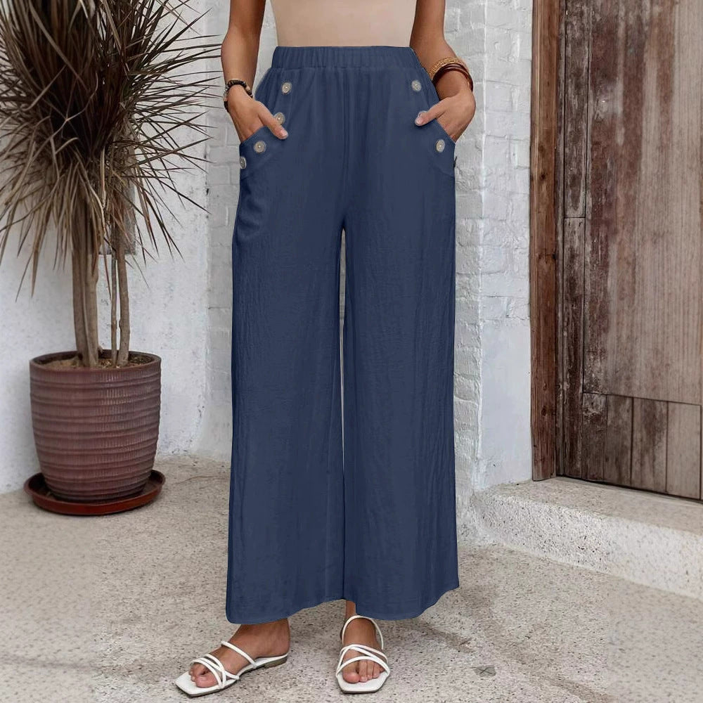 Women's Casual Pants Elastic High Waist Loose Solid Color Wide-leg Pants