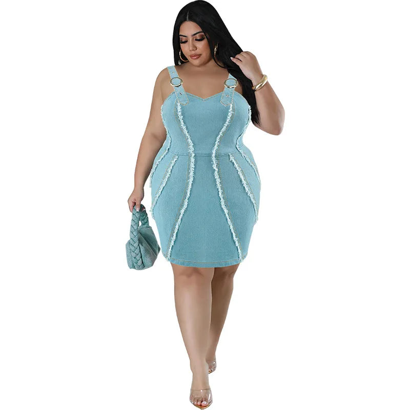 Europe and America Street Trend Women's Plus Size Denim Halter Dress, Summer New Fringe Sleeveless Slim-fit Short Denim Dresses