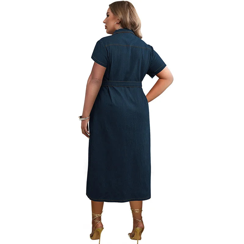 Women's Plus-size Denim Short-sleeved Dress, New Spring and Summer Fresh Sweet Style Lapel Anterior Thoracotomy Dress with Belt