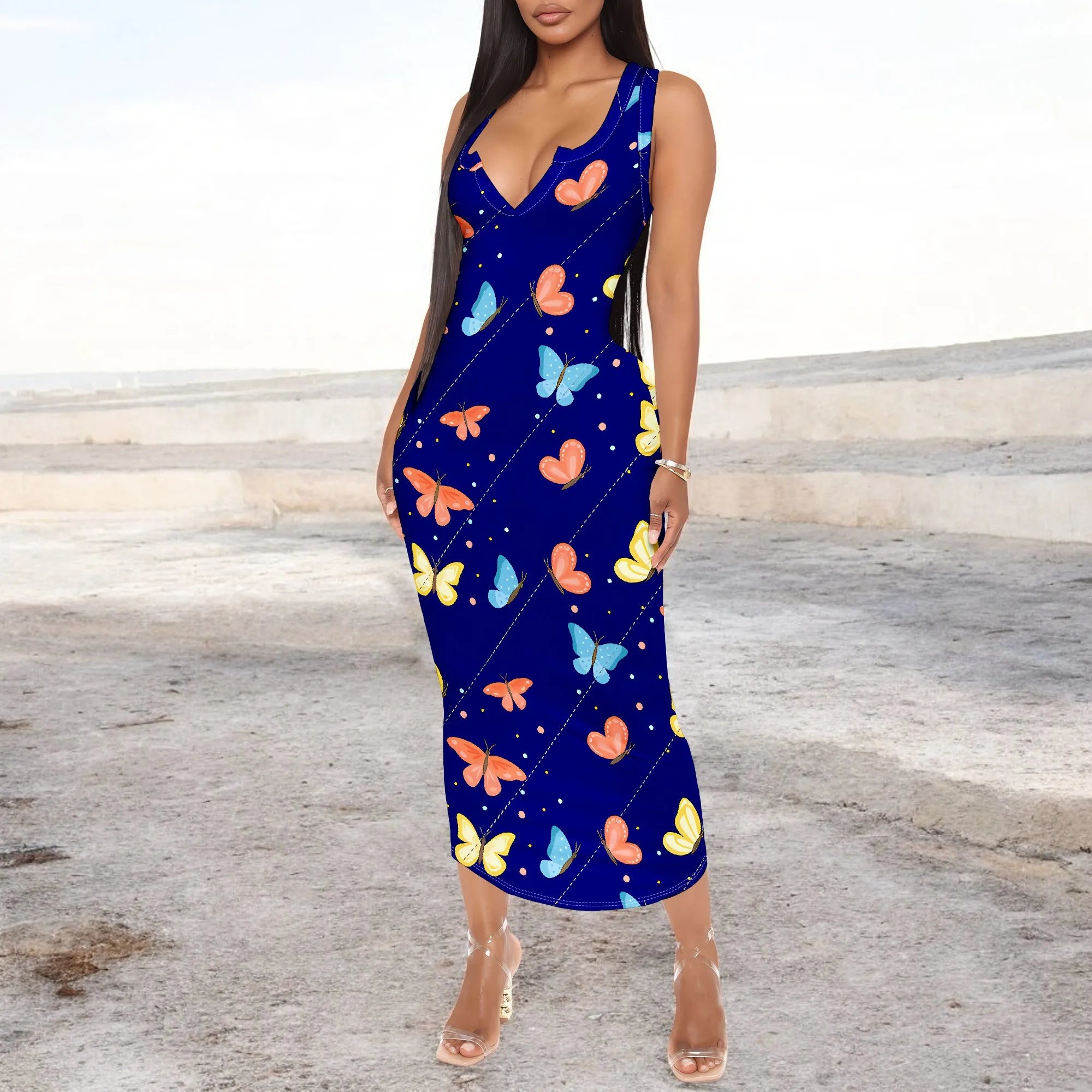 Women's 2025 spring and summer sleeveless knee length dress with hollowed out pullover, butterfly print beach casual dress