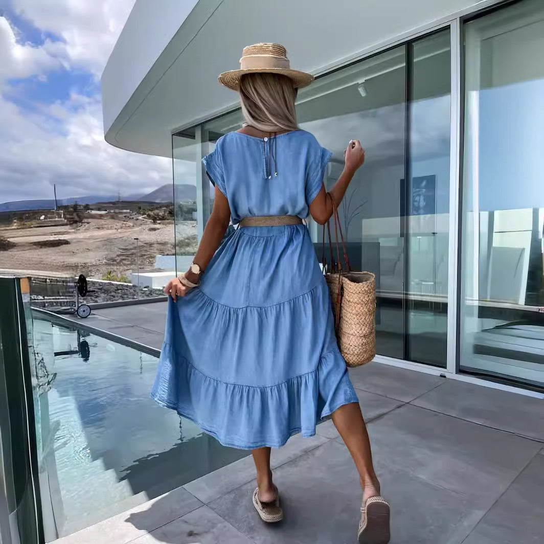 Women's Cotton Solid Color Multi-layer Hem Loose A- Line Dress