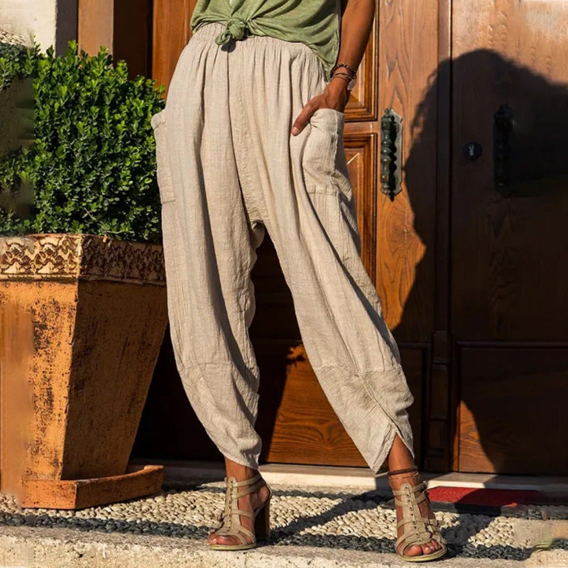 Women's Casual Bloomers Loose Cotton And Linen Trousers