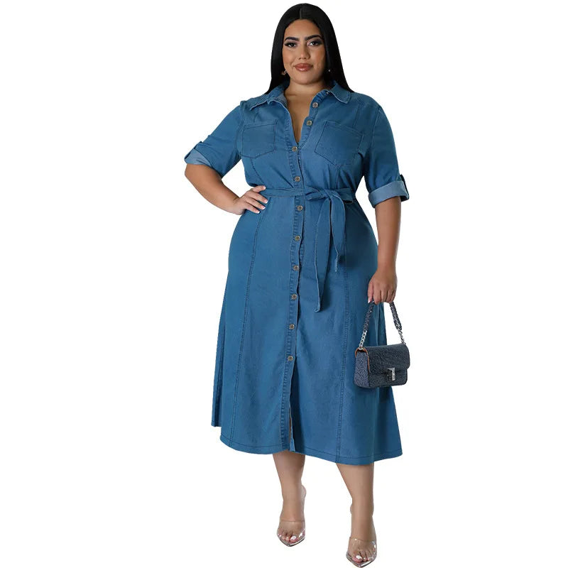 Street Trend Plus-size Women Denim Blouse Dress.New Spring and Summer Fashion Lapel Long-sleeved Single-breasted Dress with Belt