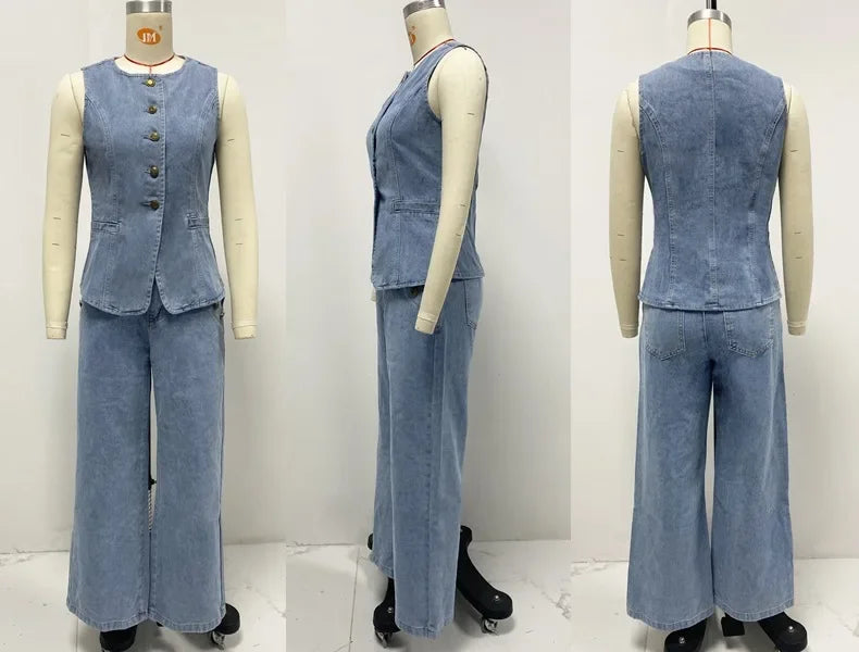 Denim Vest Tops Button Wide Leg Denim Pants Women Jeans Sets Denim 2 Piece Sets Vests Outfits Summer Tank Tops Jeans