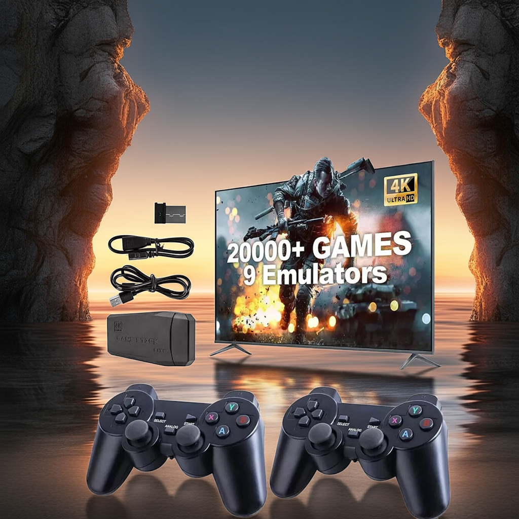 4K Retro Game Console Plug-Play 20000- Video Game Stick-2x Wireless Controllers